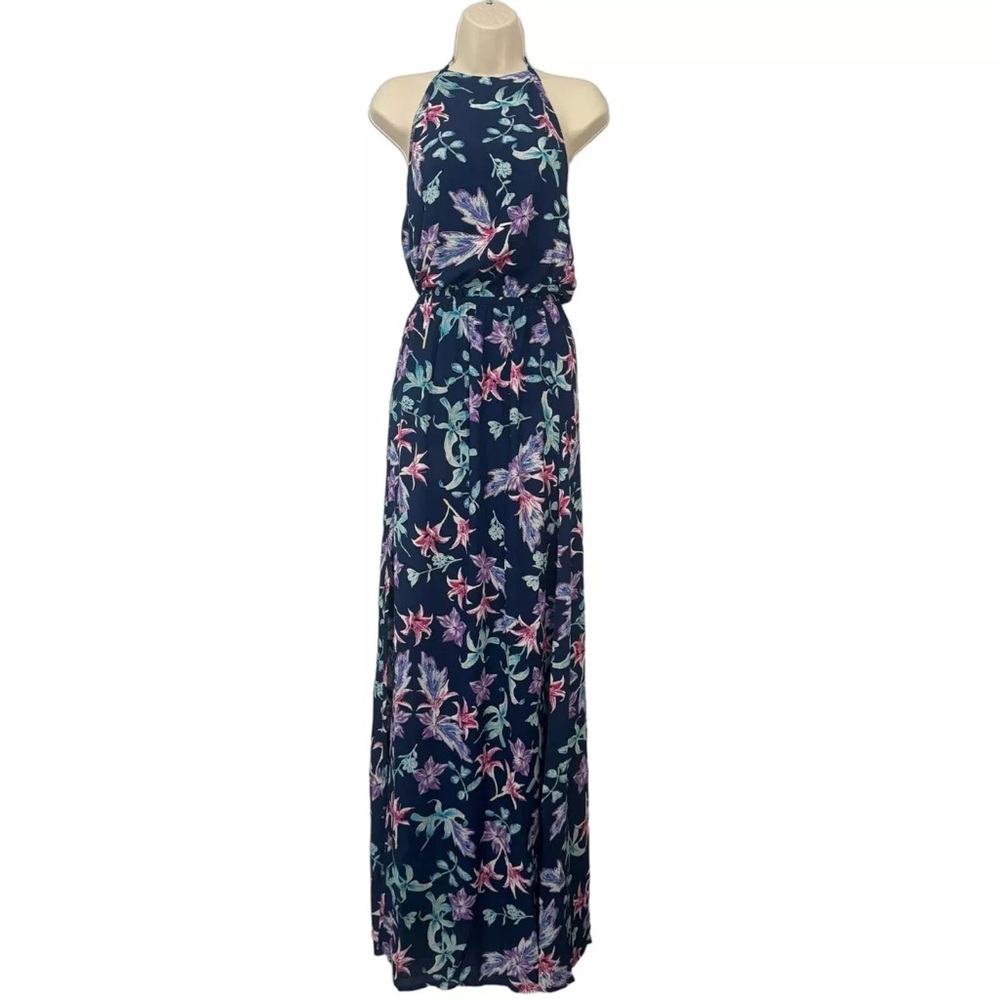 Show Me Your MuMu Heather Halter Dress Blue and Purple Tropical Floral